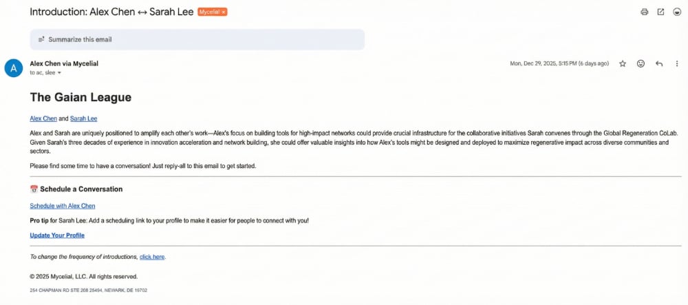 Introduction email showing two members being matched with their profiles and conversation starters