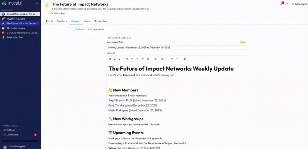 Newsletter editor with rich content, formatting options, and member highlights
